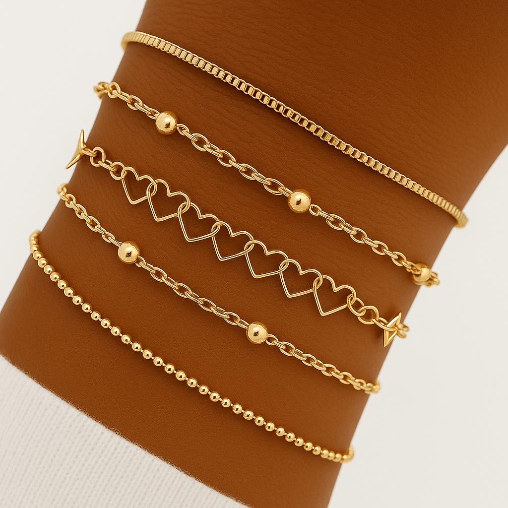 5er - Set Goldene Kettenarmbänder – Zierlicher Schmuck aus Zinklegierung, Eleganter Freizeitstil für Damen, Stapelbare Armbänder für den Alltag - Reminora