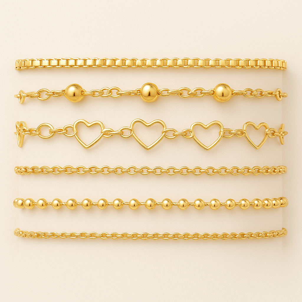 5er - Set Goldene Kettenarmbänder – Zierlicher Schmuck aus Zinklegierung, Eleganter Freizeitstil für Damen, Stapelbare Armbänder für den Alltag - Reminora