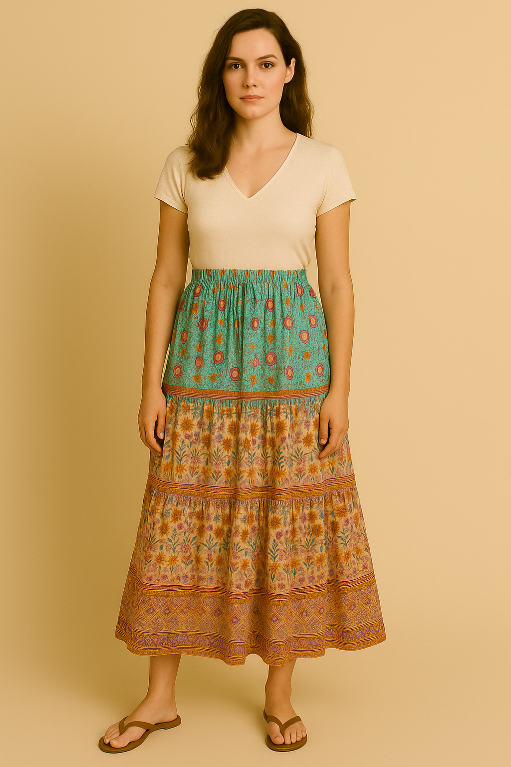 Bohemian Maxirock mit Blumenmuster - Hohe Taille aus Baumwolle